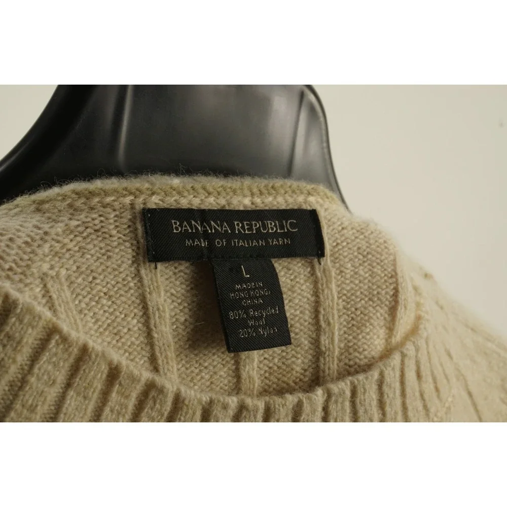Banana Republic Crew Macro Rib Cable Knit Wool Sweater Men's Large Cream Stretch